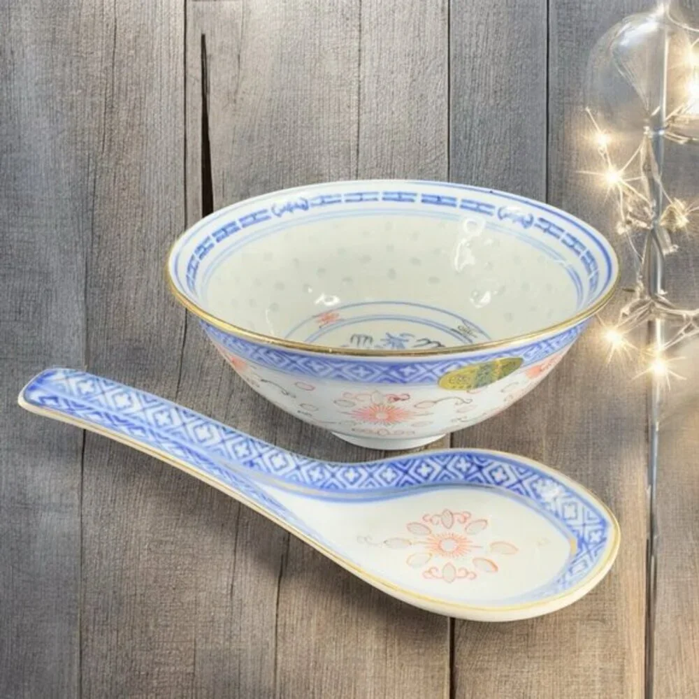 Vintage Chinese‎ Porcelain Rice Grain Bowl And Spoon Decorated Bowl With Sticker